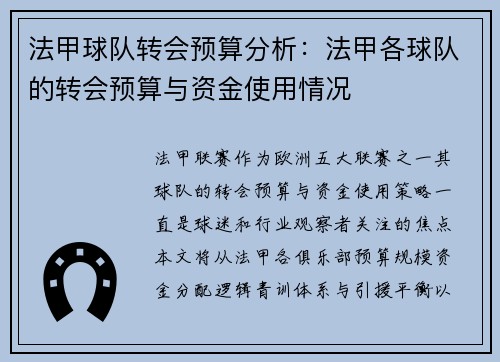 法甲球队转会预算分析：法甲各球队的转会预算与资金使用情况